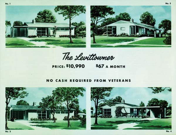 Housing developments in the from 40s onward would perpetuate the ideal, suburban lawn as seen here in an ad for a Levittown. 