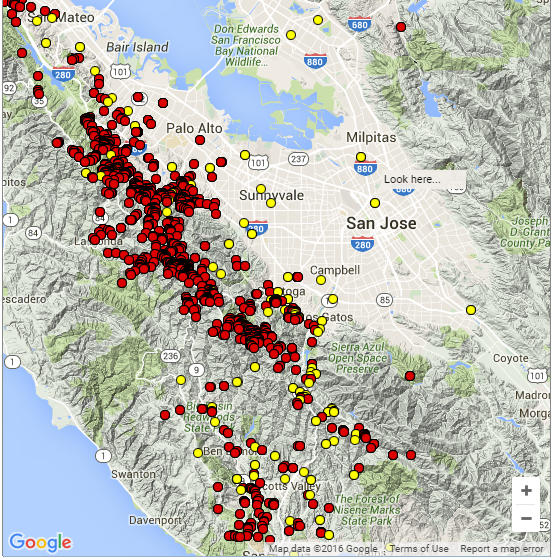 Reported cases of Sudden Oak Death from San Jose to San Mateo and northern Santa Cruz. Made using Oakmapper.org ( source ) 