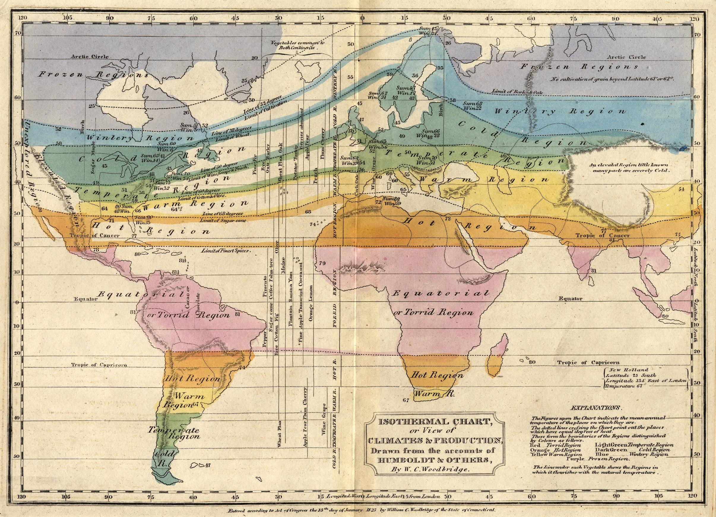 Soon after Humboldt's initial publications, early meteorologists like, William Channing Woodbridge, assembled his findings into early climate maps ( source )