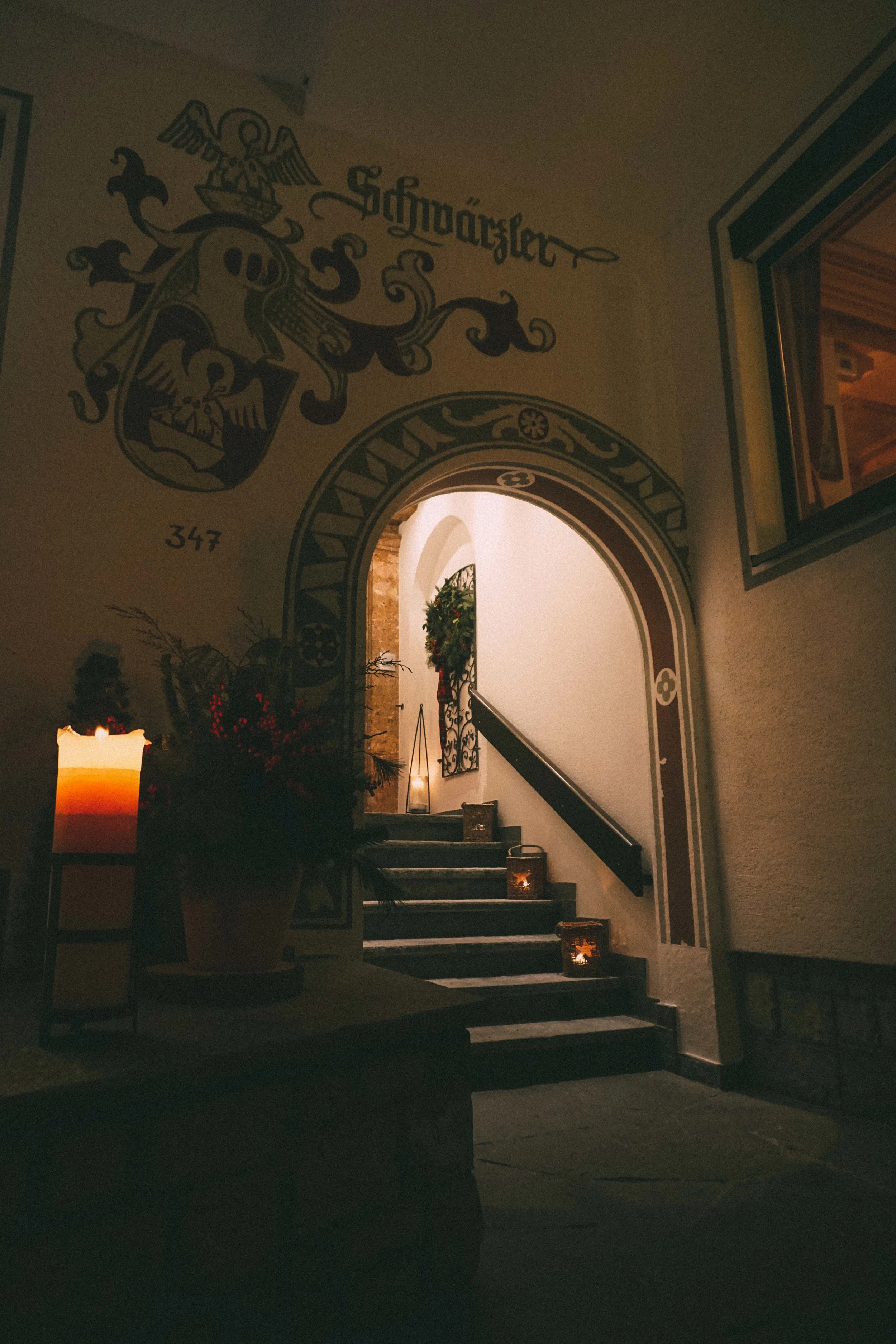 Lech, Austria by night. Hotel Haldenhof entrance.