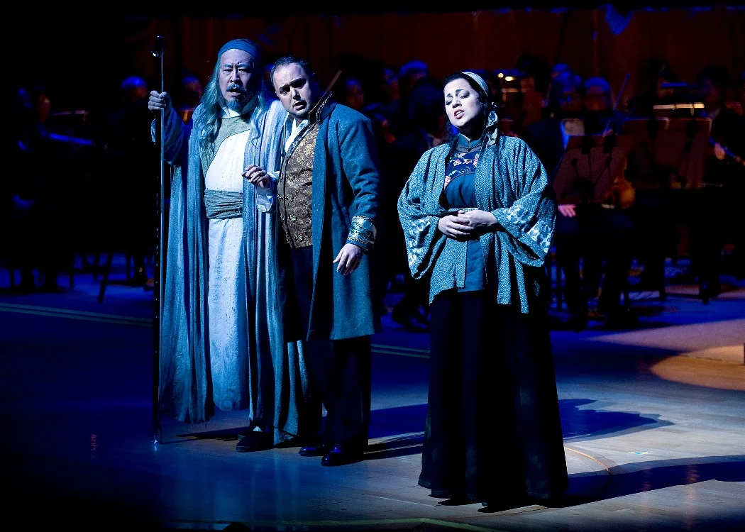 Hao Jiang Tian as Timur, Marc Heller as Calaf, Elizabeth Caballero as Liu (Photo: Nick Koon)