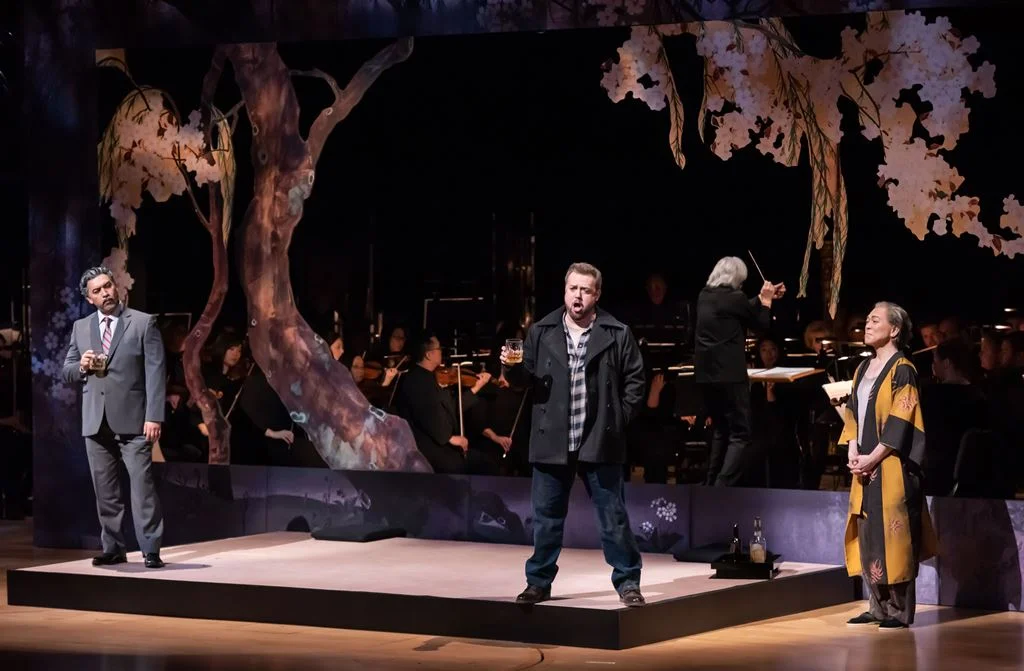 (L to R) Luis Ledesma as Sharpless, John Pickle as Pinkerton, Joseph Hu as Goro (Act I)