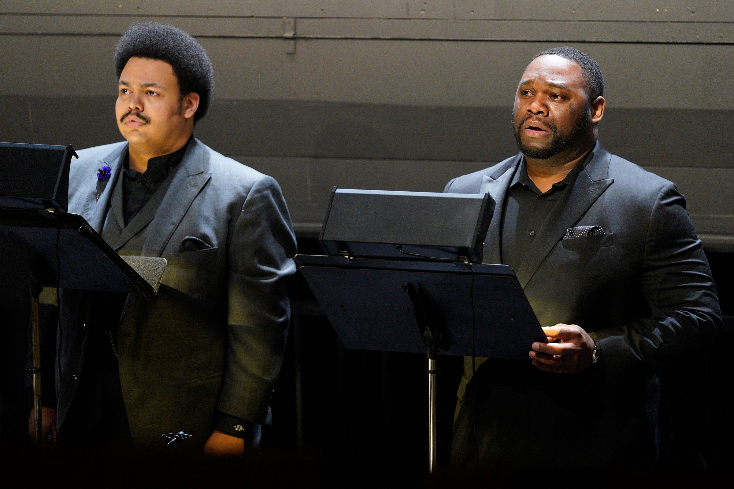  Tenor Joshua Blue (L) as Evangelist, and bass-baritone Michael Sumuel (R) as Jesus. 