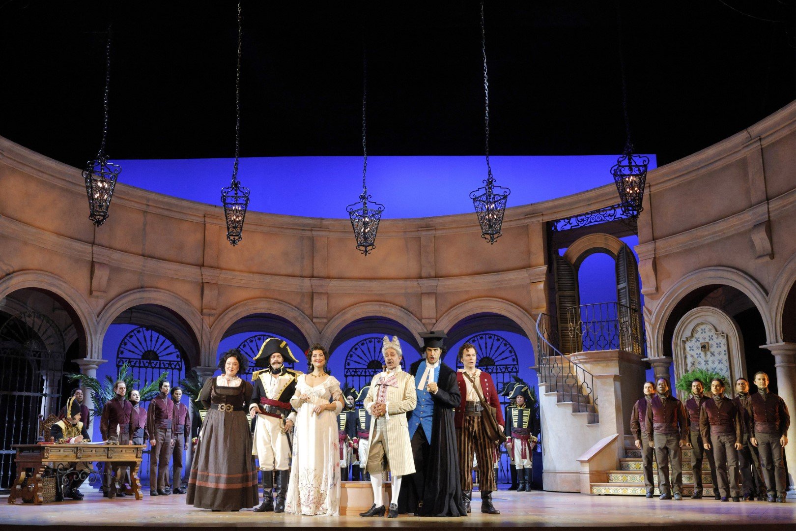    Left to right: Kathleen O'Mara (Berta), Edgardo Rocha (Almaviva), Isabel Leonard (Rosina), Paolo Bordogna (Bartolo), Luca Pisaroni (Basilio) and Joshua Hopkins (Figaro)   