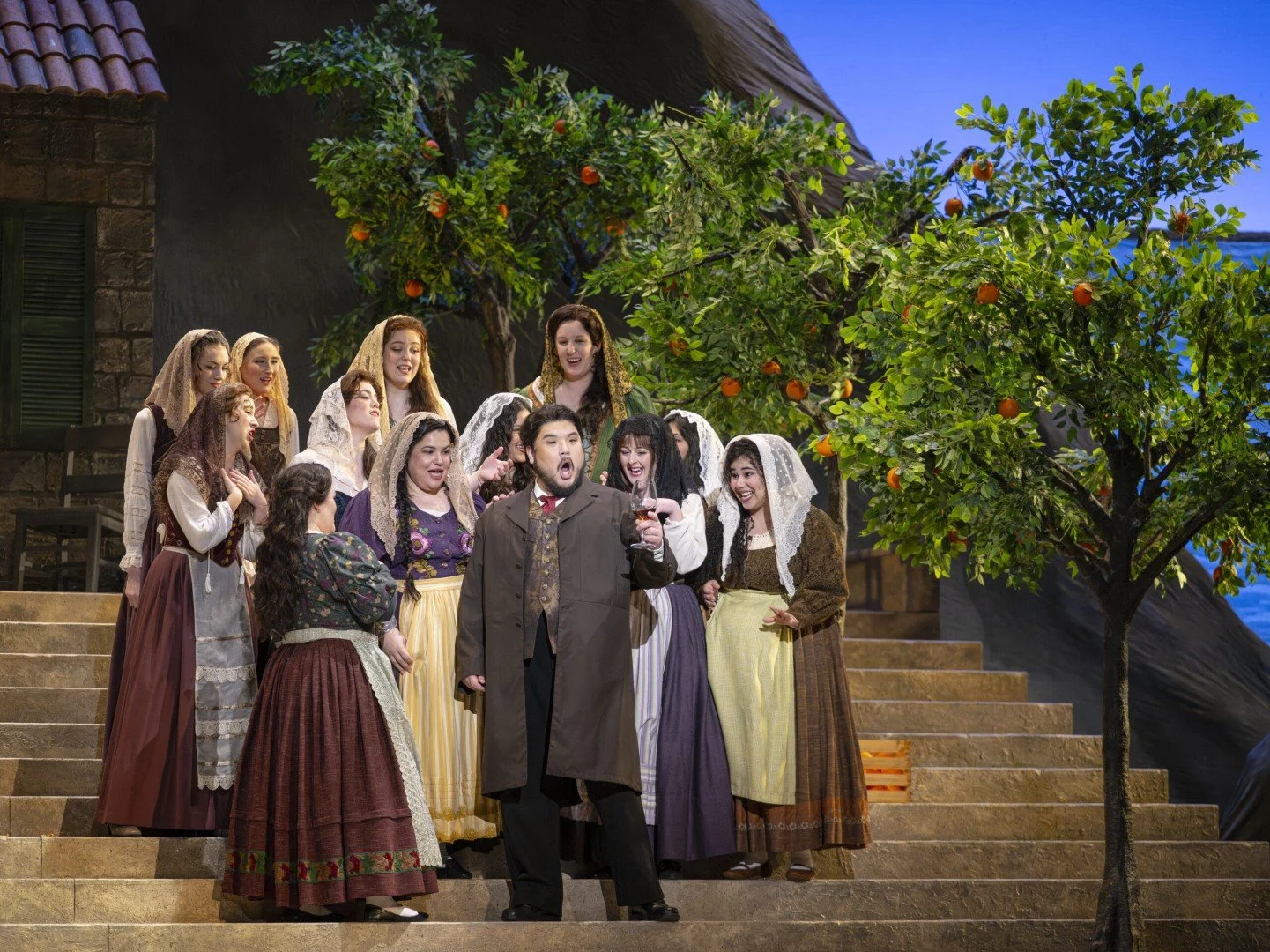   Women villagers and Alfio (Kidon Choi) in  Cavalleria Rusticana , San Jose Opera  