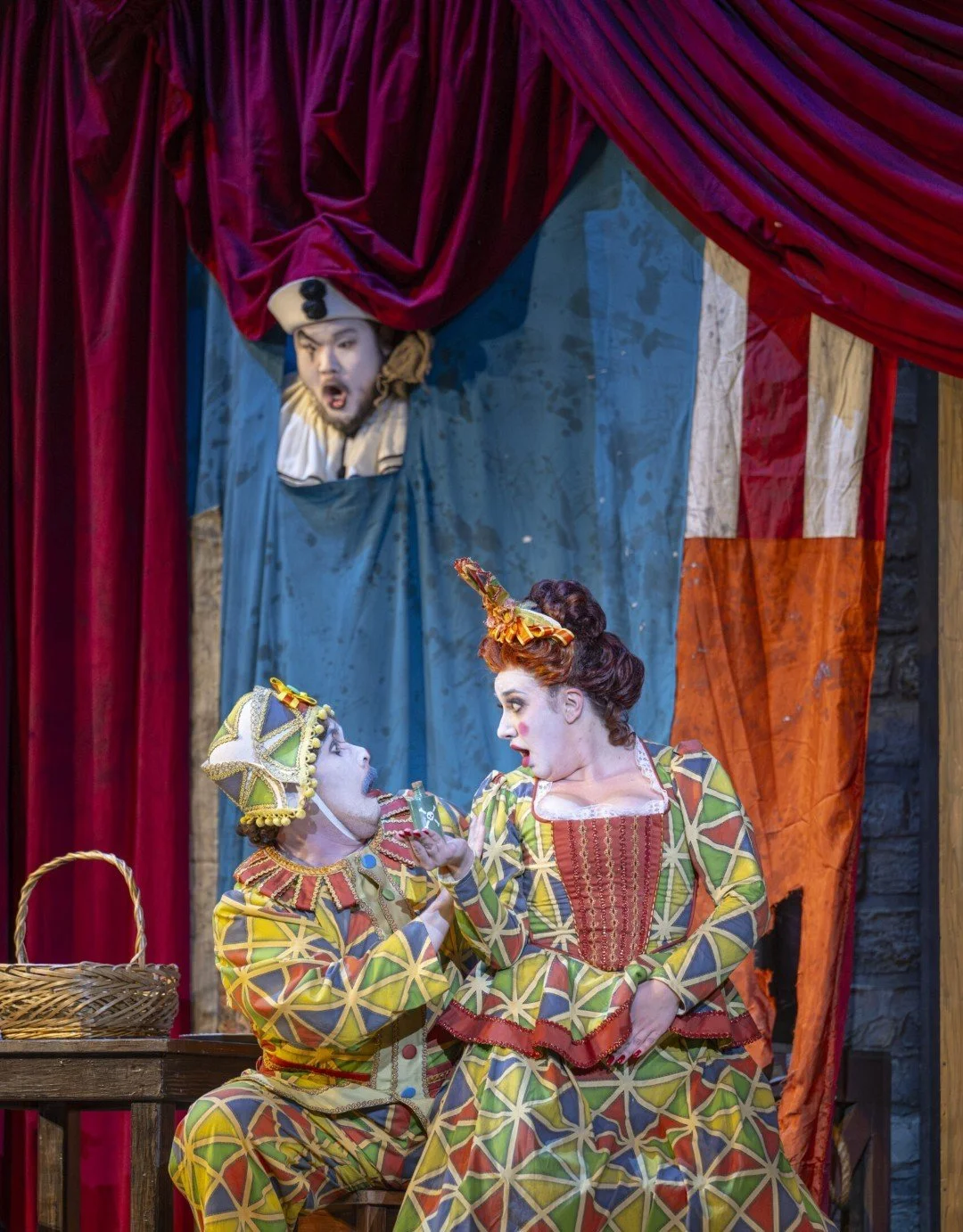   Beppe (Micah Perry), costumed as Arlecchino, and Nedda (Mikayla Sager), costumed as Colombina in  Pagliacci , San Jose Opera  