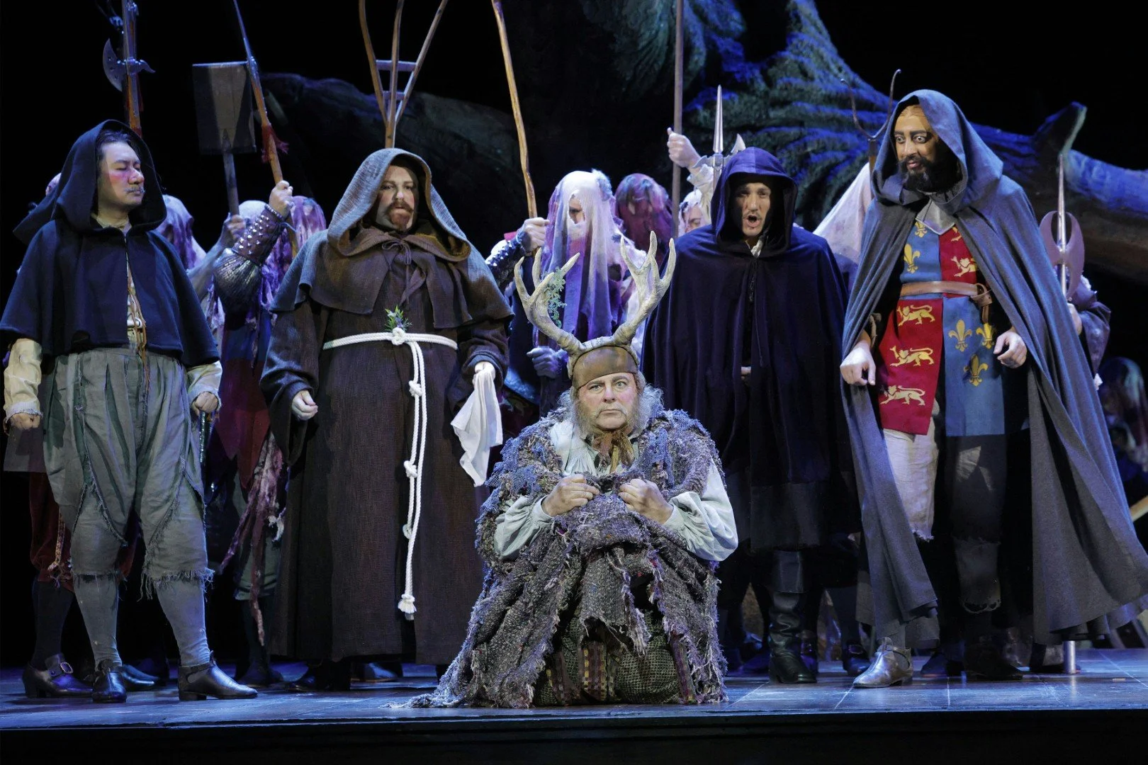  Craig Colcough (front) as Falstaff, with Yuntong Han (Bardolph), Nathan Bowles (Dr. Caius), Ernesto Petti (Ford) and Vinícius Costa (Pistol) 