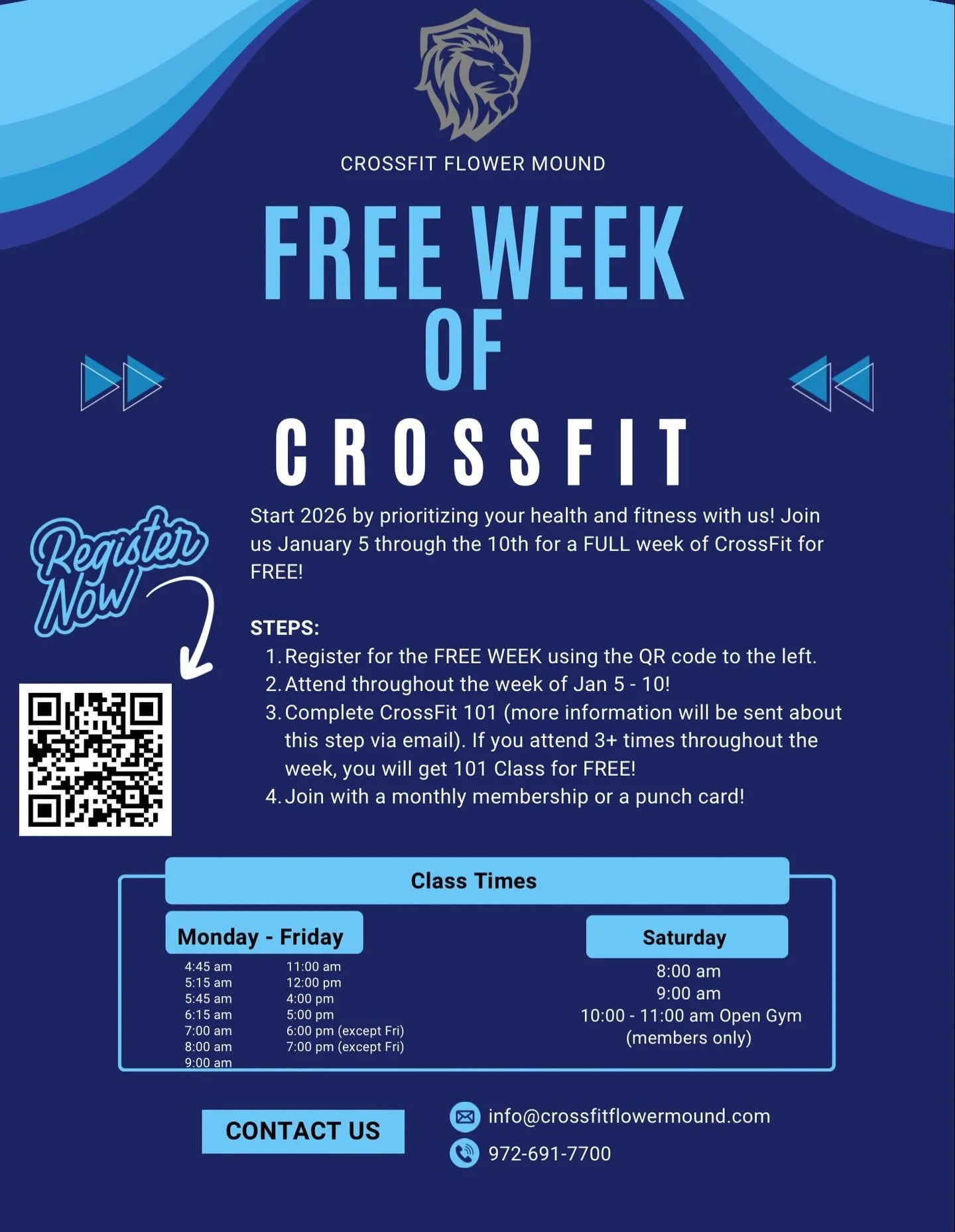 New Year, new routines, new goals ✅
Why not kick off 2026 by trying something new? 

Join us for a Free Week of CrossFit January 5-10 and experience what makes our community different- supportive coaches, a welcoming community and workouts designed f