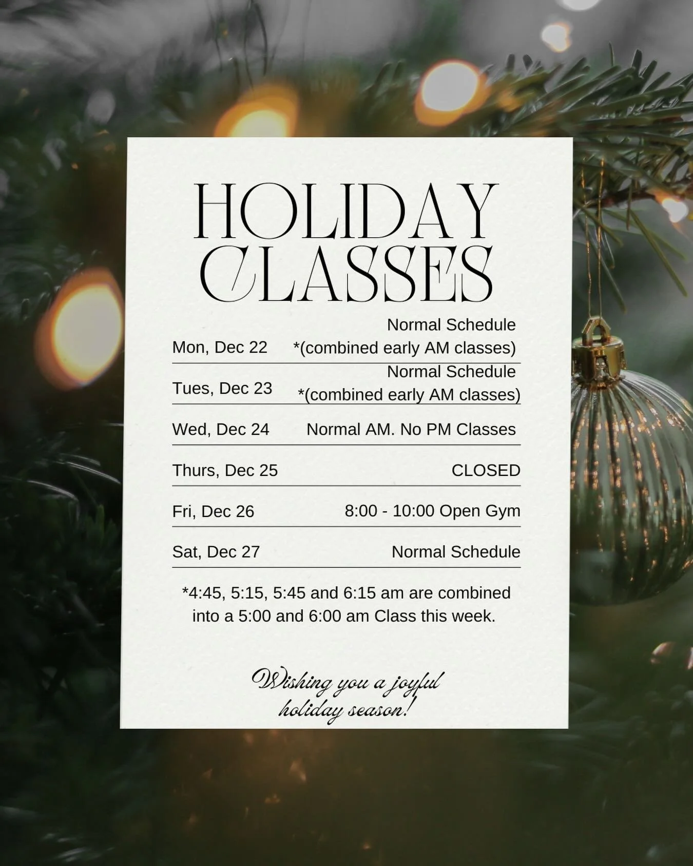 Class Schedule for this week!! Lots of very fun workouts this week, so don&rsquo;t miss out! We hope you have a wonderful holiday! 🎄