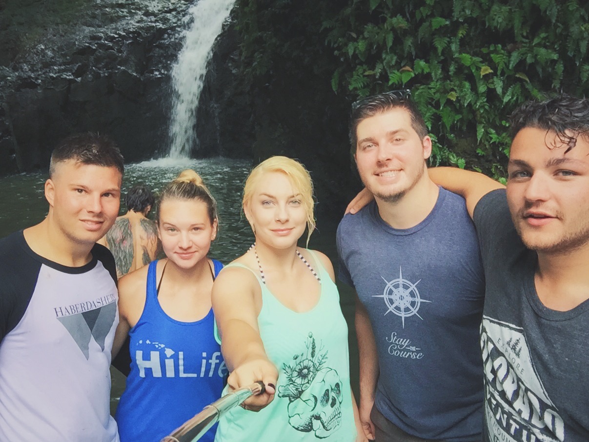 After we had jumped off the falls. It was a freshwater waterfall hidden from the trail. Pictured: Troy, man with crazy back tattoos, Jennifer, myself, Tony, and Yoni. 