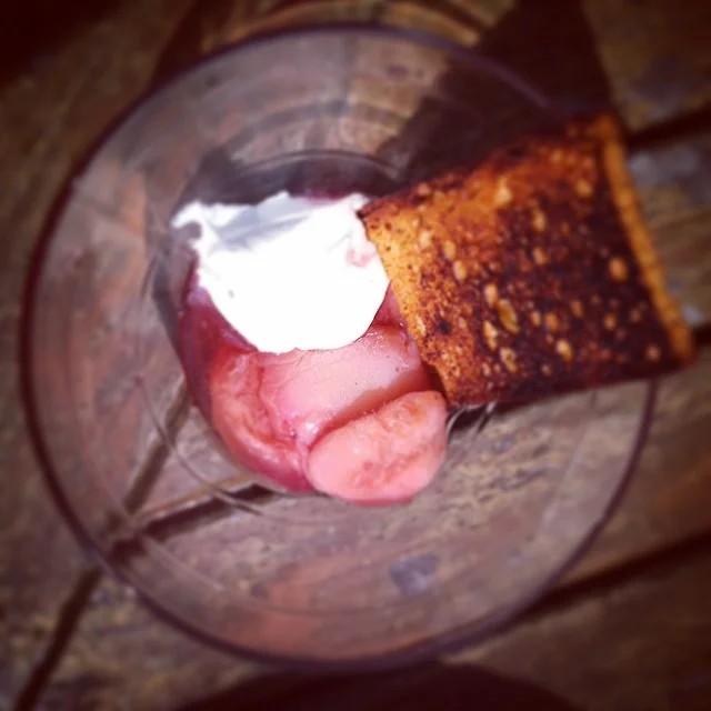 Chardonnay and Agastache Poached Peaches with Grilled Pain D'Epices.