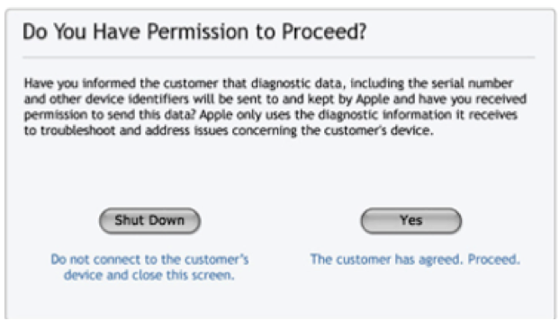 The initial screen shown here verifies that you have obtained your customer’s permission to proceed running the diagnostic on his or her Mac.