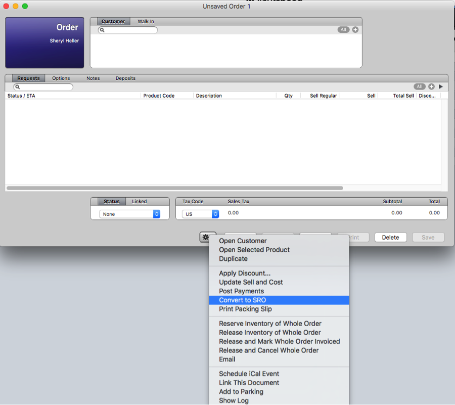 Proceed with the “Convert to SRO” process by clicking on the “gear” icon located at the bottom of the “Order” window in Lightspeed.When you click on the “gear” icon on the bottom of the “Order” window, a drop down menu will appear with additional options. You’ll want to select the “Convert to SRO” line in the drop down menu.