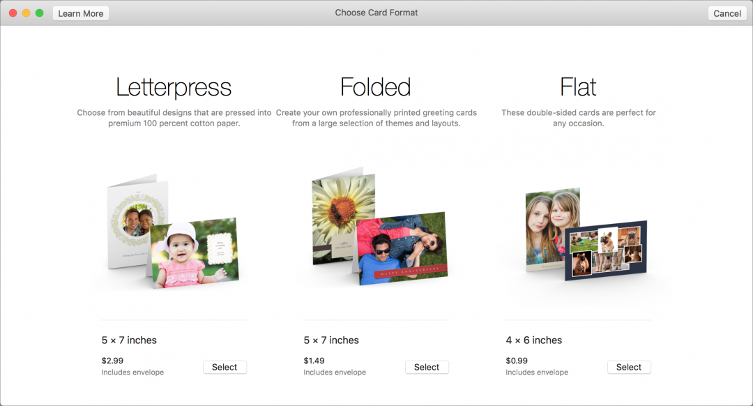 Create the card. Select all the photos in your new album with Edit > Select All, and choose File > Create > Card. Then select one of the three choices: a 5×7 folded letterpress card for $2.99 each, a 5×7 folded card for $1.49 each, or a 4×6 flat double-sided card for $0.99 each. They all include envelopes.