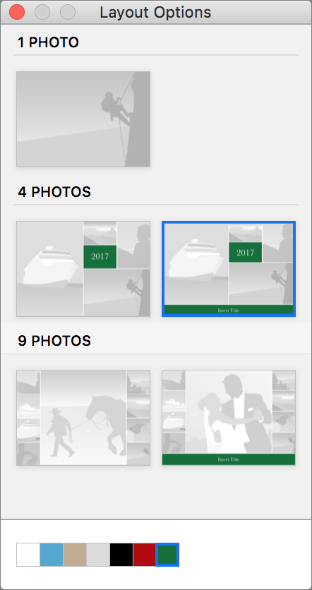 Choose layouts. Although every card starts with a default layout, most have alternatives. Would you prefer a single image on the front, rather than a four-photo layout? Click the Options button below the card to open the Layout Options panel, and click the desired layout.