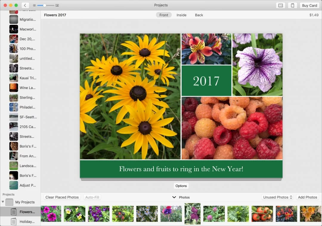 Add photos. To add a photo to a spot on the card, drag it from the photo collection at the bottom of the screen, which shows the contents of your album. Dragging a photo on top of an already-placed image replaces it, or you can drag a photo from the card back to the collection at the bottom. Buttons let you clear placed photos (helpful when starting over with a new theme), auto-fill photos for quick placement, switch between showing unused and placed photos, and add more photos to the project. If Photos didn’t bring in all the photos from your album automatically, click the album in the sidebar, select all the photos, and drag them to the project entry in the sidebar. That’s much easier than adding them piecemeal via the Add Photos button.