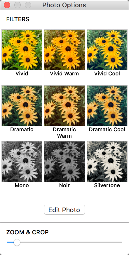 Edit photos. When you click a photo on the card, the Photo Options panel appears so you can apply filters, edit the photo with all of Photos’ editing tools, or zoom and crop. After zooming a photo with the slider, you can drag it within its spot on the card to position the subject properly.