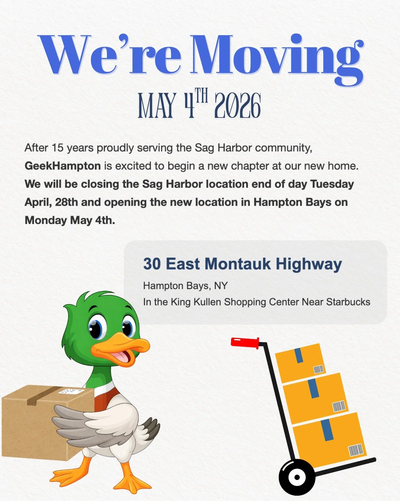 📦➡️ Hampton Bays, here we come 💙 We&rsquo;ll be closing our Sag Harbor store at the end of the day Tuesday, April 28th and opening in Hampton Bays on Monday, May 4th.

We can&rsquo;t wait to welcome you into the new space.