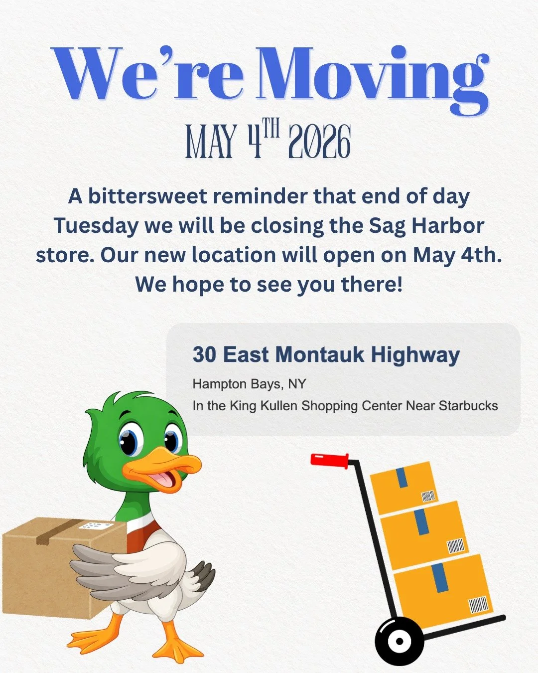 Final days in Sag Harbor! ⏳ We&rsquo;ll be closing our Sag Harbor location at the end of the day on April 28. Thank you for so many wonderful years. We&rsquo;ve truly loved being part of this community.

We can&rsquo;t wait to see you in Hampton Bays