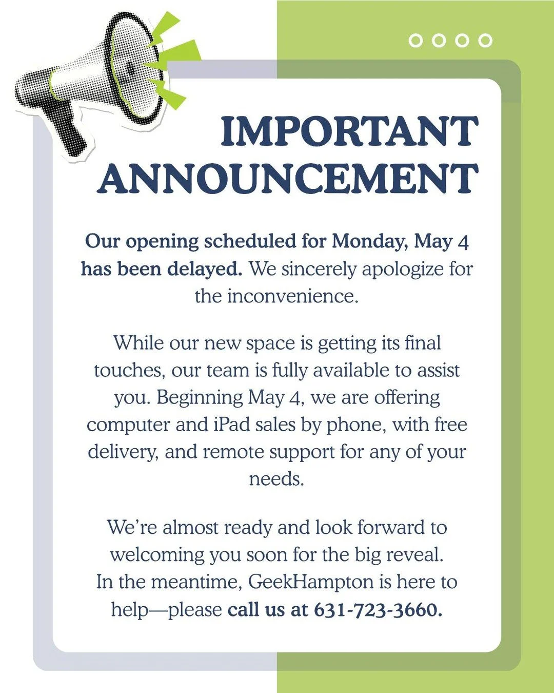 Our grand opening&mdash;originally set for Monday, May 4&mdash;is taking a little more time as we put the finishing touches on our brand-new space. We sincerely apologize for the inconvenience.

@the_southforker @sagharborchamberofcommerce @wordhampt