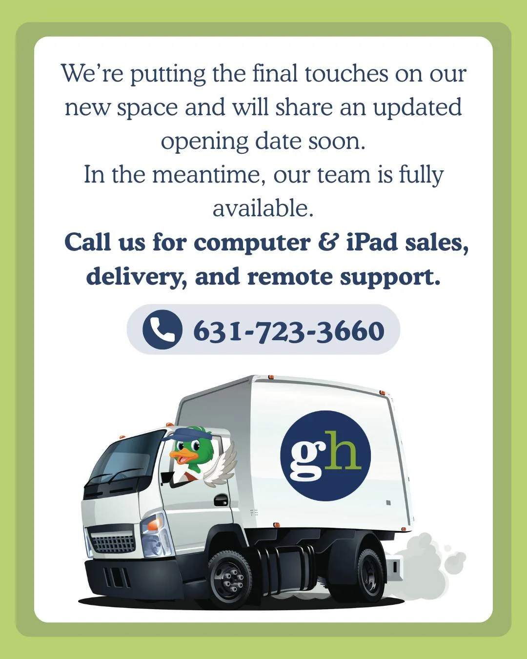 Our new space is almost ready, and we&rsquo;ll have an opening date to share soon. Until then, our team is fully available for computer &amp; iPad sales, delivery, and remote support!