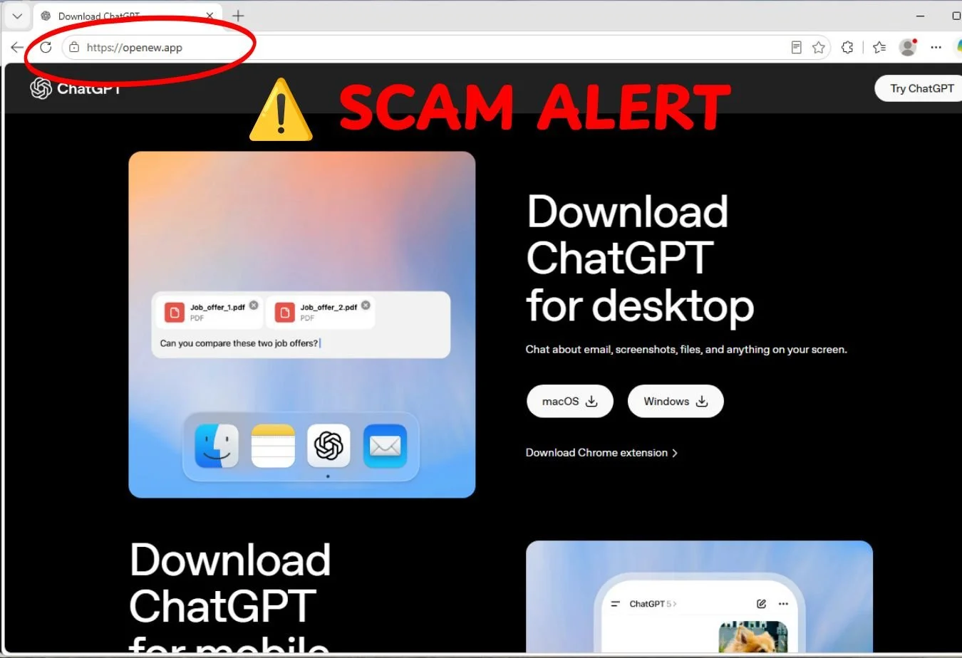 Scam Alert ⚠️ Fake ChatGPT download websites are being used to infect both Windows and Mac computers with malware that can steal passwords, browser data, cryptocurrency wallets, and other sensitive information.
Always download software from official 