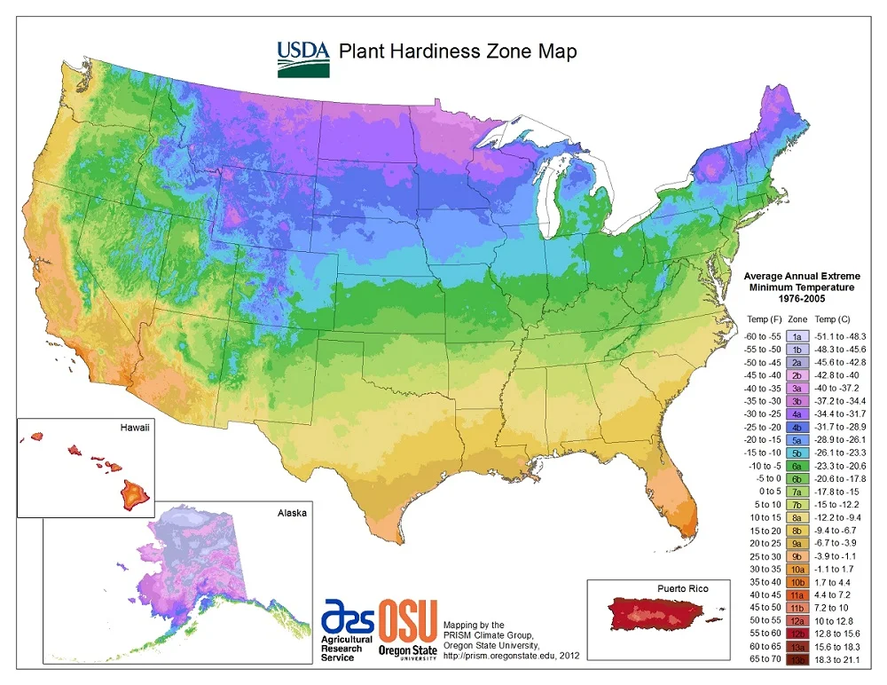 The PHZM represents the average lowest temperature over a thirty year period and assigns a number to different “Hardiness Zones” around the country. Plants and seeds are marketed with corresponding zone numbers so that farmers and gardeners can determine which plants will survive their winters. Note that the data stops in 2005, so it doesn’t reflect the past twelve years of global warming. 