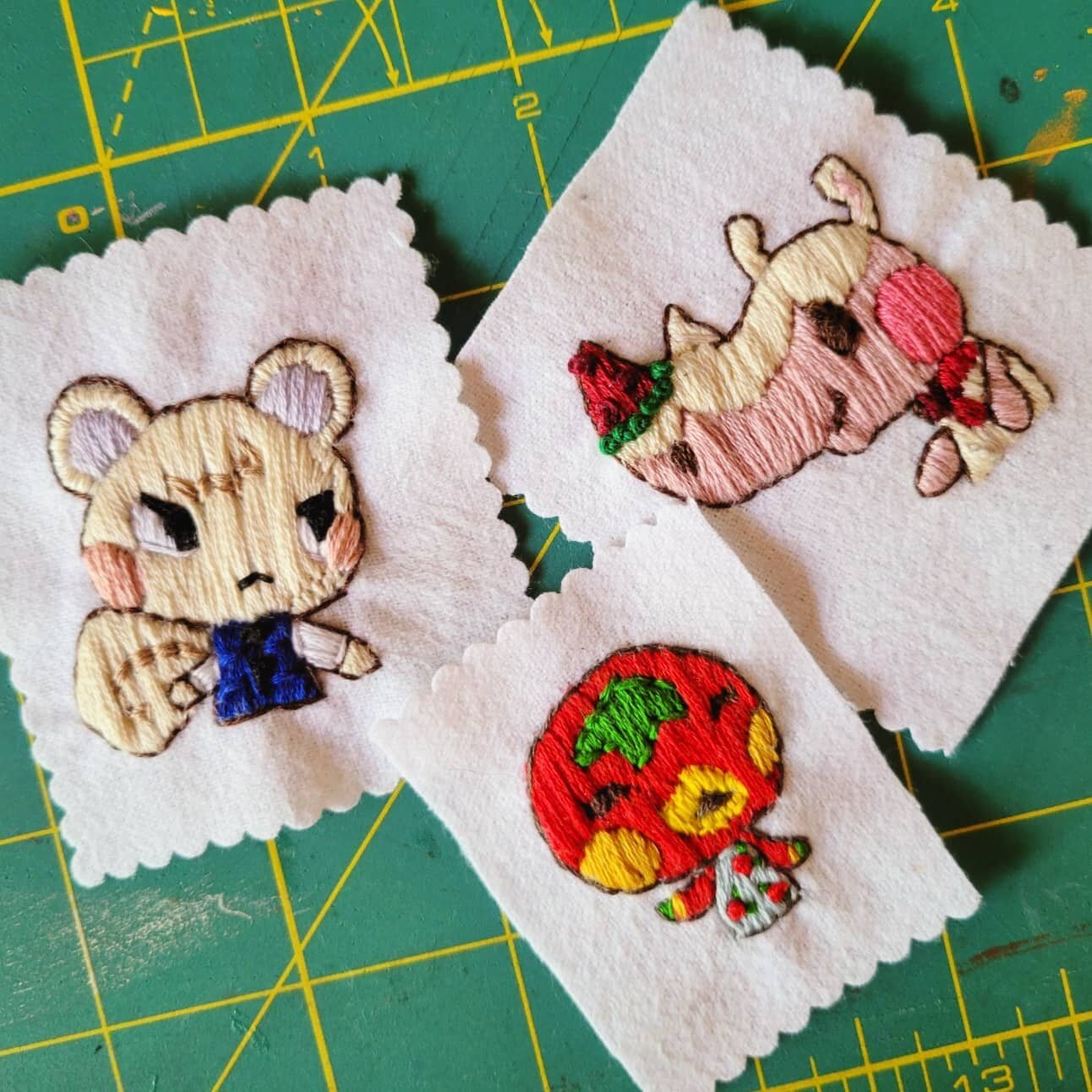 Animal Crossing embroidery done and sent out to the giveaway winners from tw1tch! 🌸🥳
.
These were so fun to make on stream! I really love embroidery 💖 it's one of those hobbies that is so relaxing, it takes you out of whatever worries or stress yo