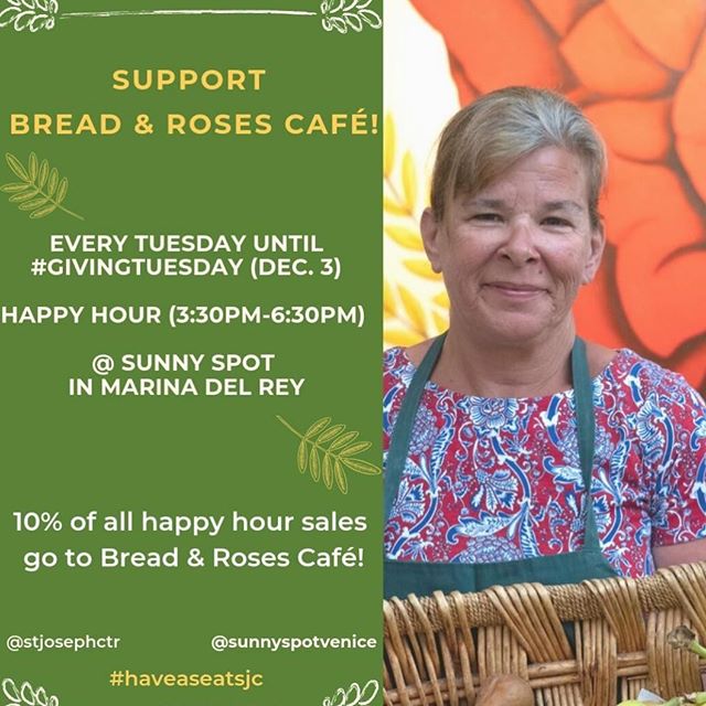Join us for happy hour every Tuesday and support bread and roses cafe in Venice. We are offering a special Happy Hour menu featuring fresh cocktails for $8. Together let’s support St. Joseph’s have a seat campaign to help continue providing hot meals and warm smiles to our neighbors in Venice experiencing homelessness #givingtuesday