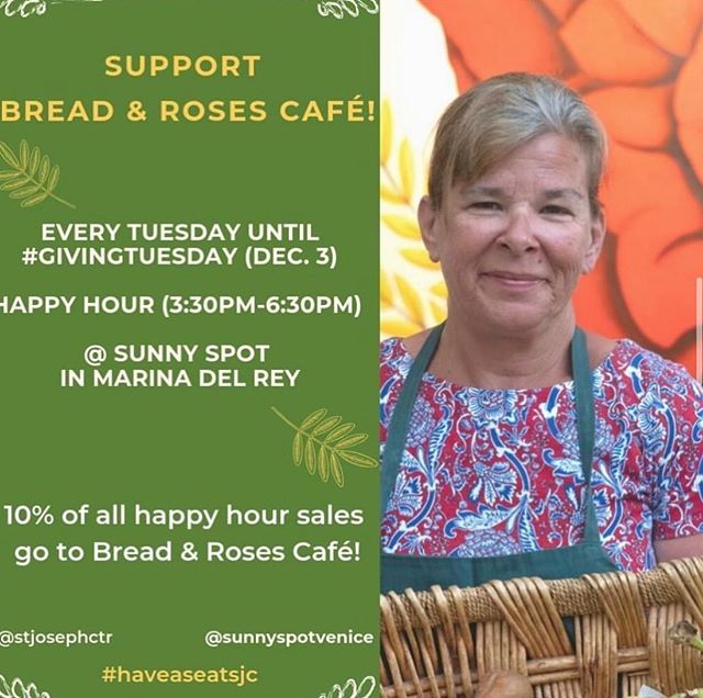 Sunny Spot is offering a happy hour menu featuring fresh cocktails for $8.00 to help support Bread and Roses Cafe together let’s support St Joseph’s Have A Seat Campaign to help continue providing hot meals and warm smiles to our neighbors on Venice experiencing homelessness #haveaseatsjc #GivingTueaday
