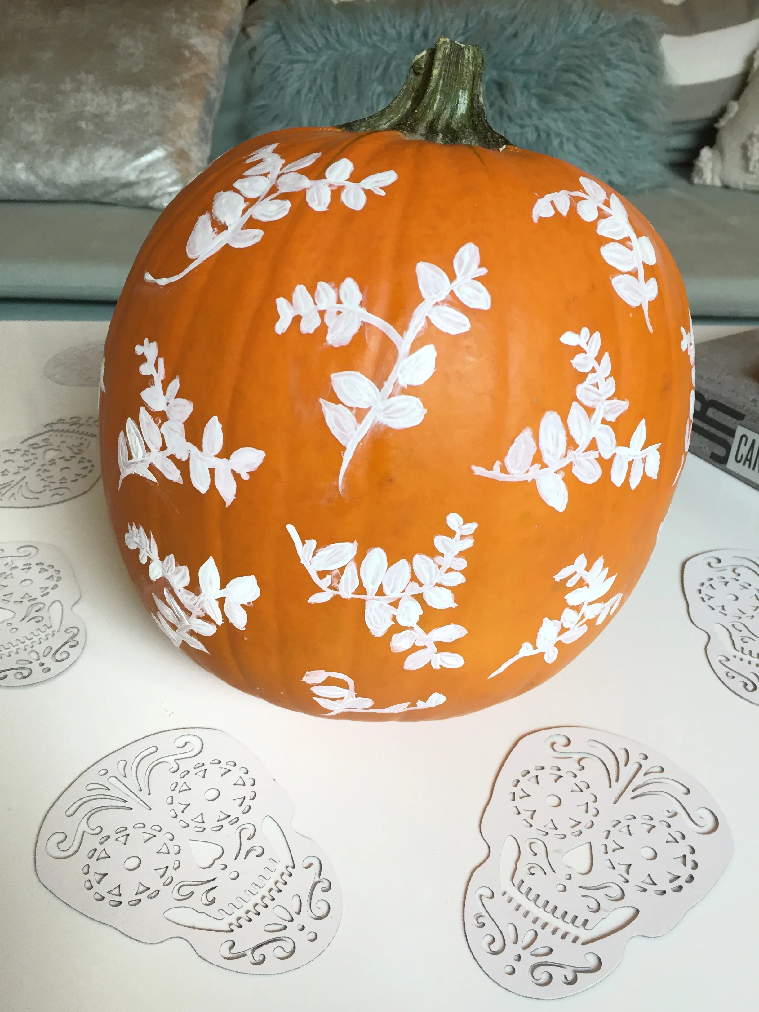 Leaf stamp, then free painted with white acrylic paint