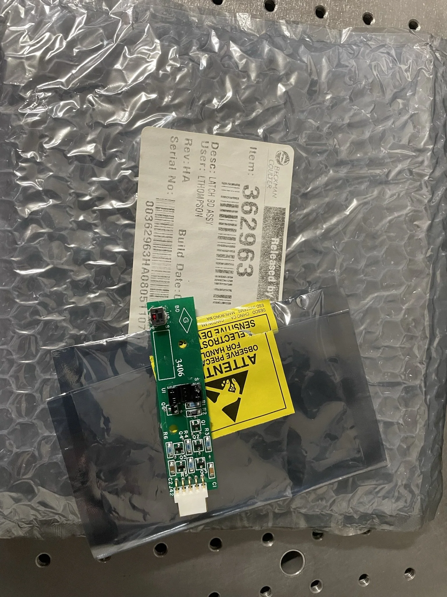 Beckman Avanti J Board Assy., Door Latch; PN. 362963  (NEW)