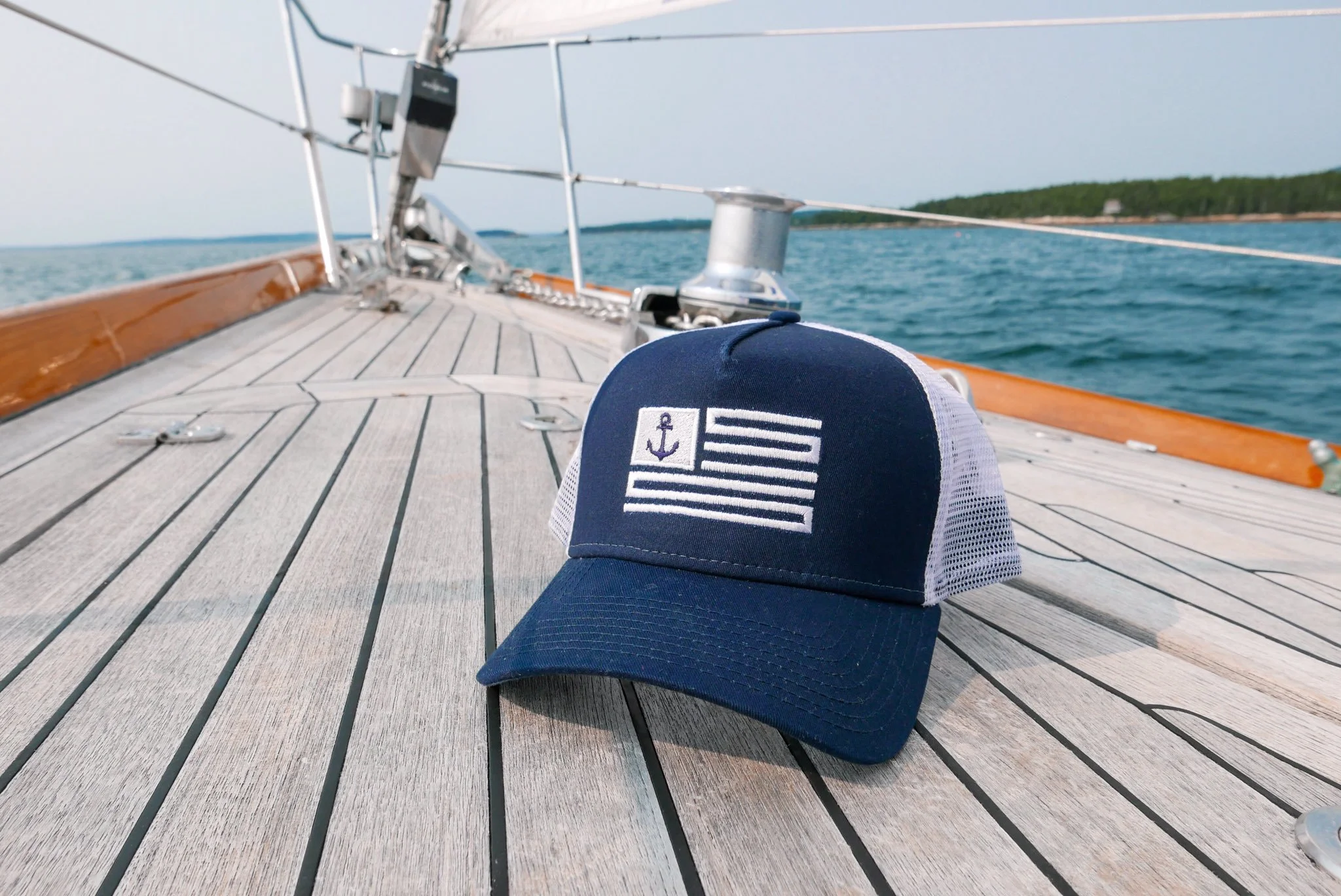New! Nautical Sailboat Themed Trucker Hat Salty Sailor Trucker Hat with Leather Emblem | Salty Sailor  main image 3