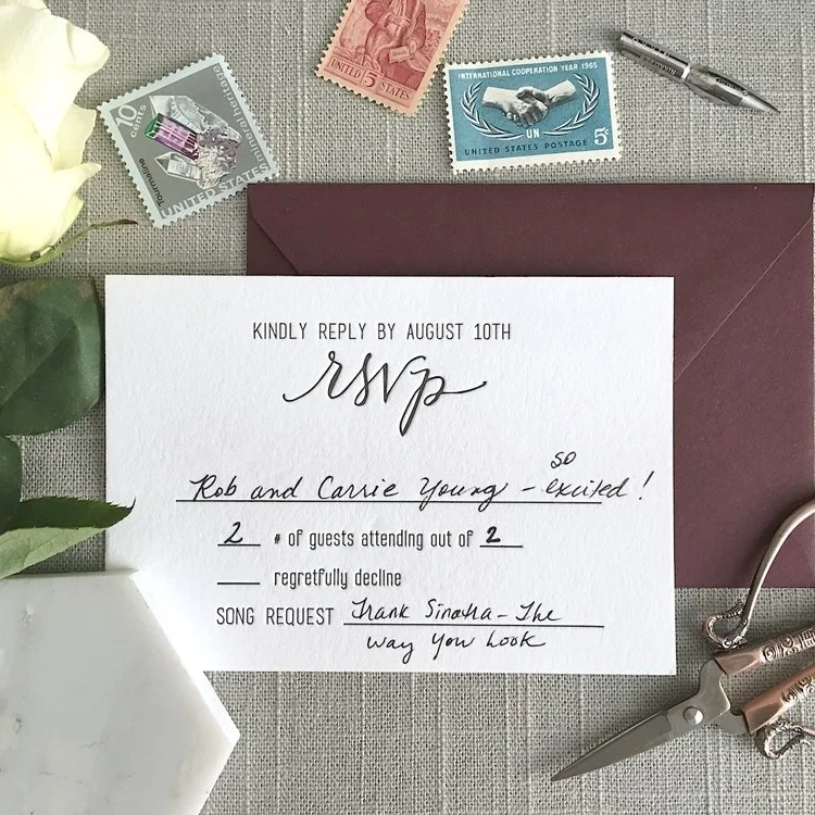 RSVP CARD The RSVP Card gives your guests the ability to let you know whether they ca n make it. It can either be mailed back or contain info on how to RSVP online.