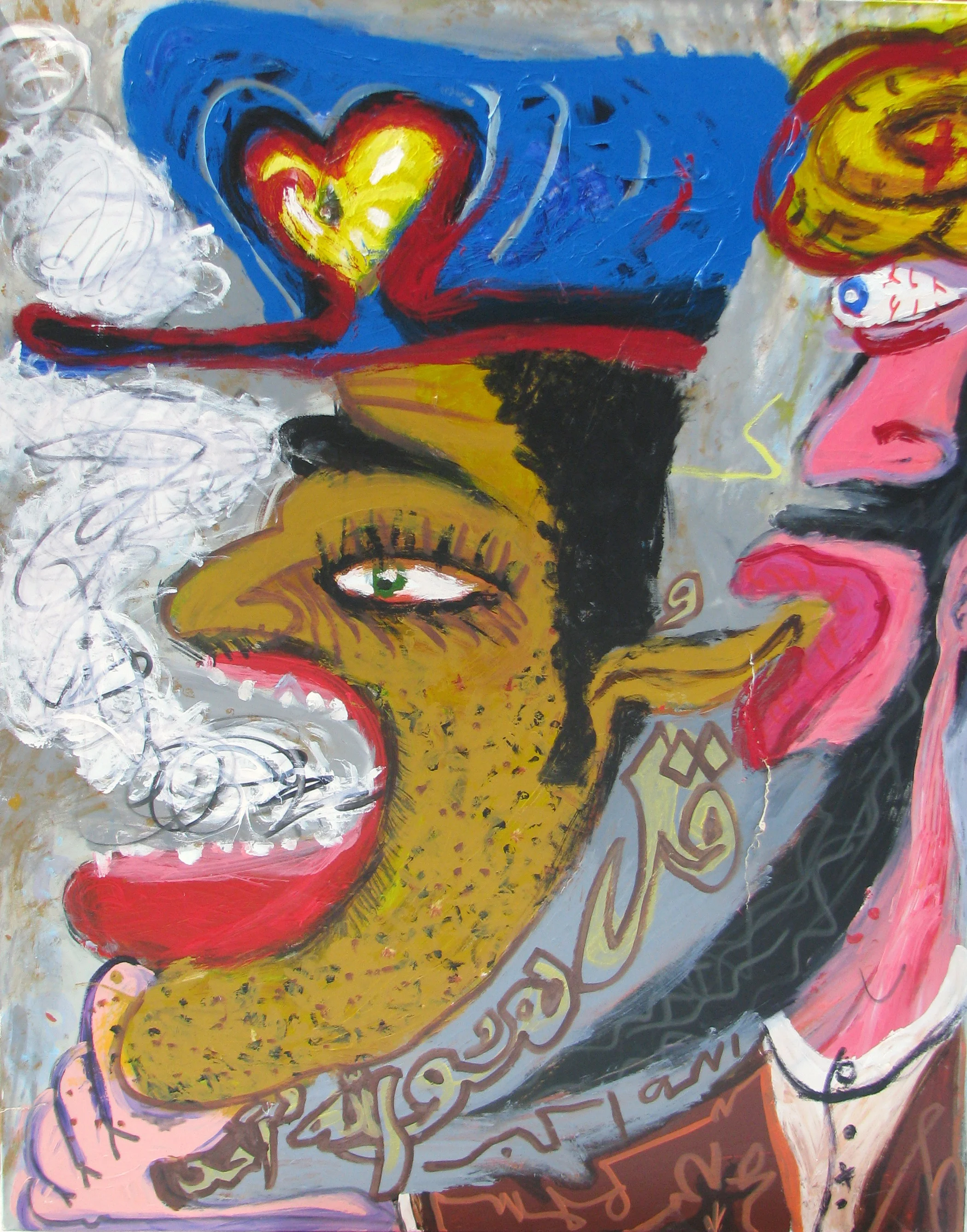    ALI CHITSAZ     ACRYLIC ON CANVAS   152CM X 122CM&nbsp;  2015 , mullah smoking crack from a police pipe, blue hat, painting, art, art represent, provocative art,&nbsp; 