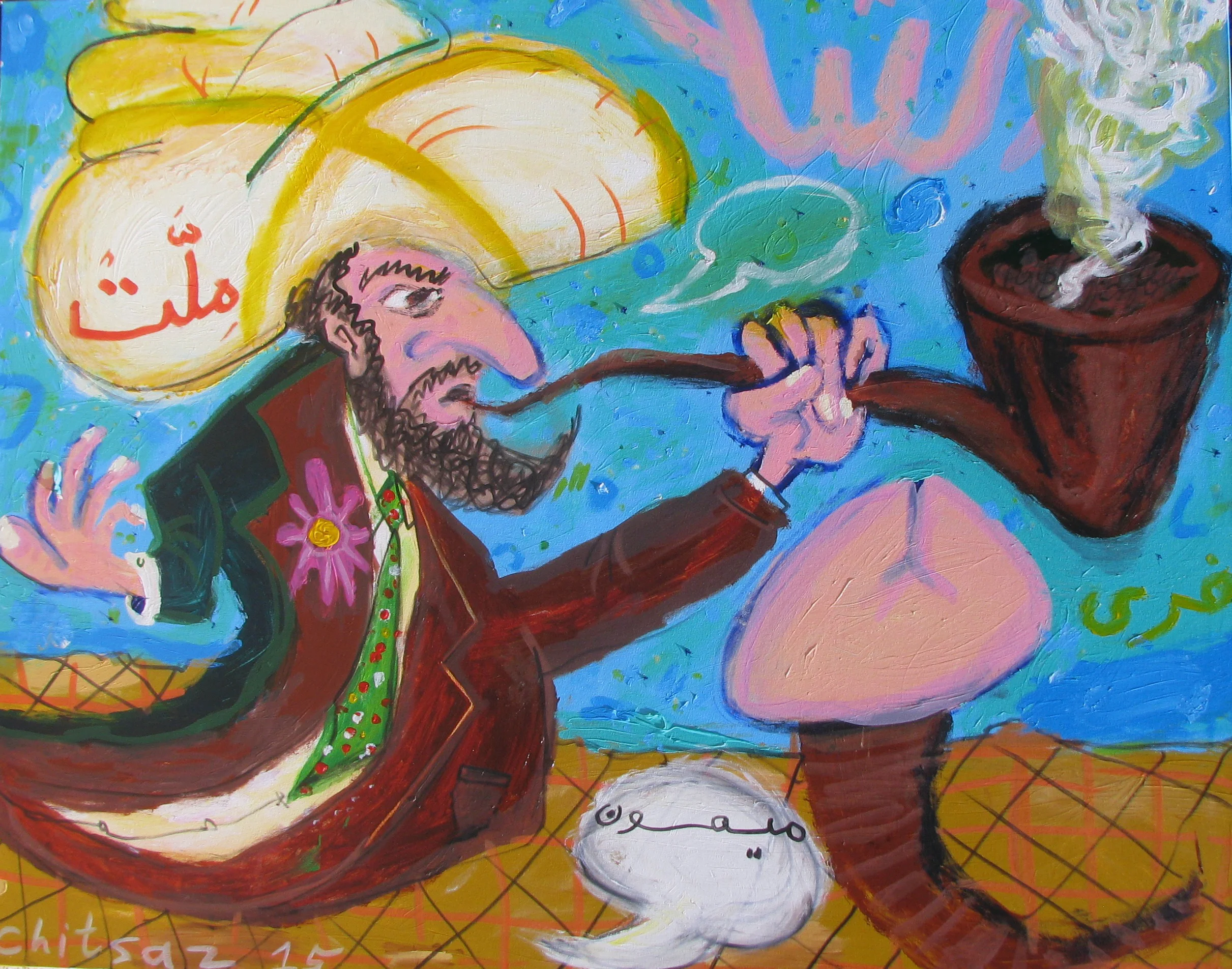    ALI CHITSAZ     ACRYLIC ON CANVAS   122CM X 152CM&nbsp;  2015 , cock breeding mullah, iran, iranian artist, penis, pipe, smoking, blue, pink,&nbsp; 