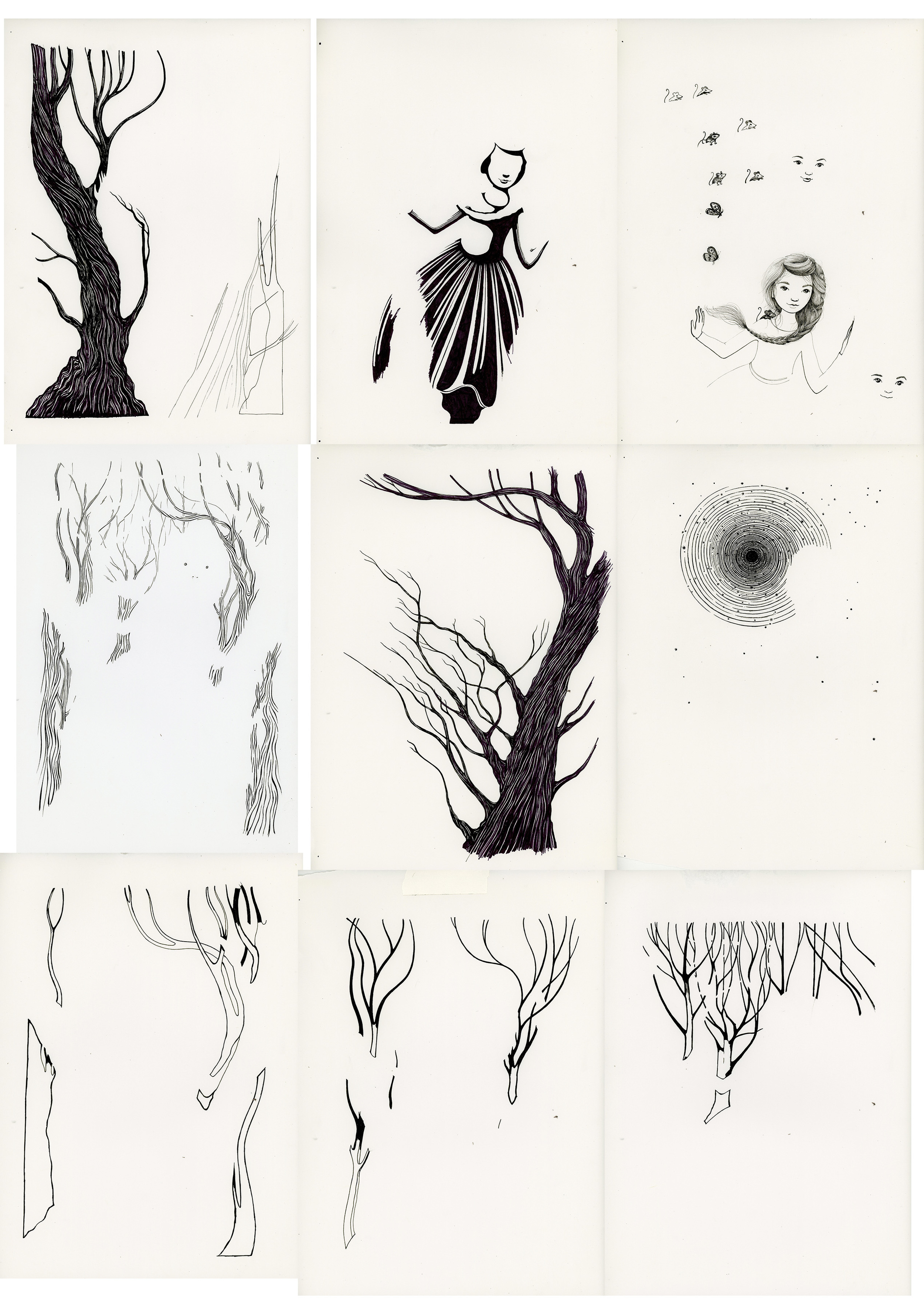 These are all of the drawings I scanned and layered in Photoshop. I only outlined those areas that would be flat in color in the final image because they can be easily and quickly filled in with the paint bucket in Photoshop.
