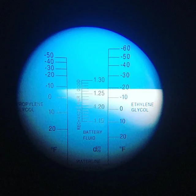 Snap shot of a Propylene Glycol level test. Utilizing our digital refractometer we can easily see the freeze-point of this liquid. Our goal is to be below 15 degrees F. In this particular system. On the left side of the blue image you can clearly see