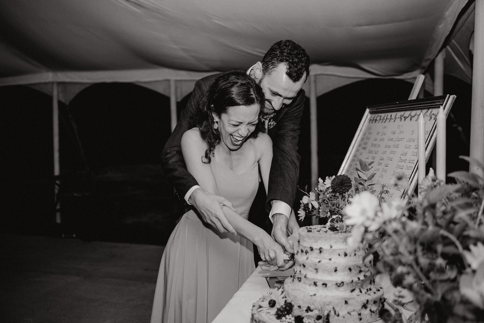 bride and groom cutting cake, edale gathering marquee