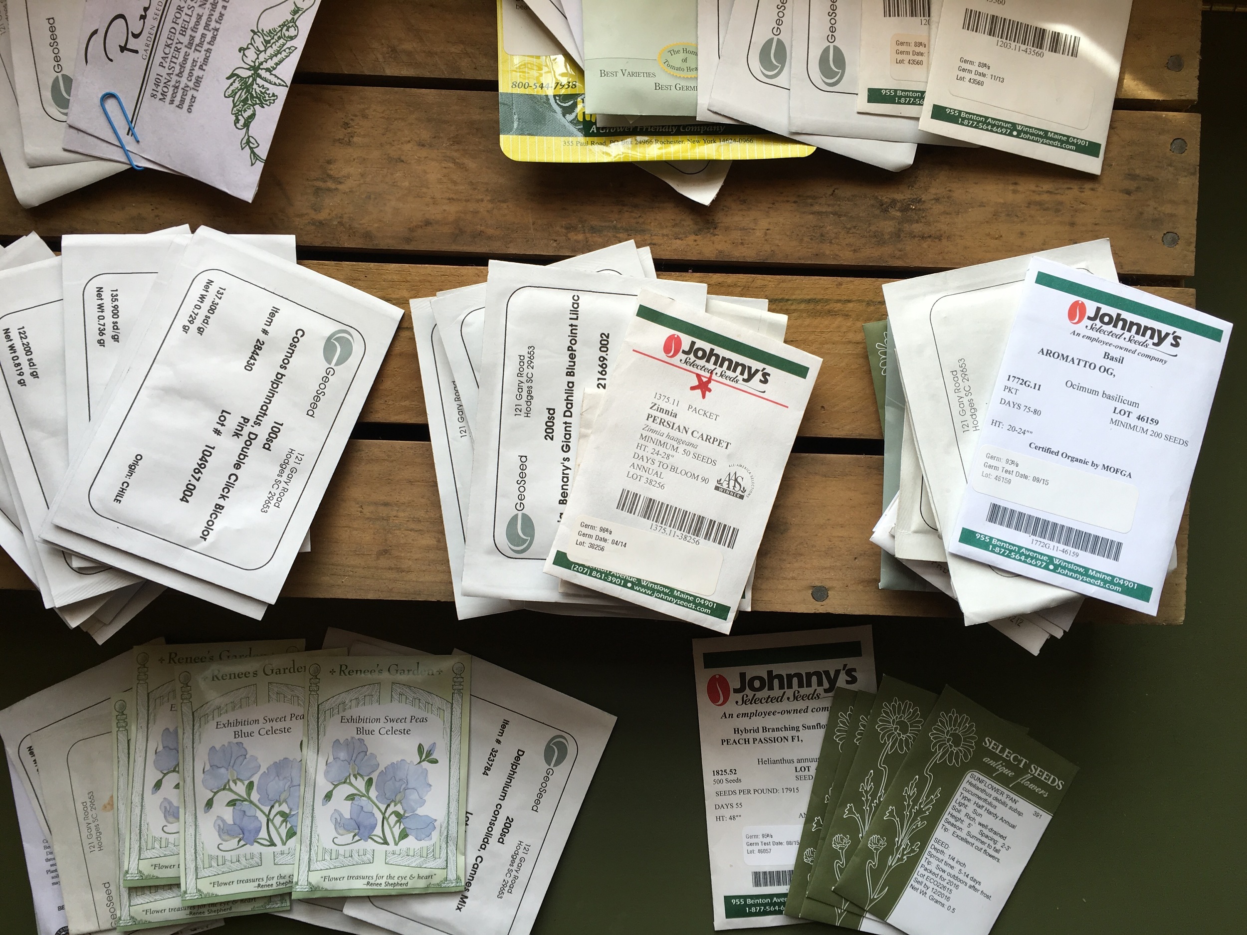 Our piles of seeds including some of our favorites from Johnnys Select Seeds , Geo , Renne's Garden , and Pinetree . Each seed pack is categorized by variety and time of planting.