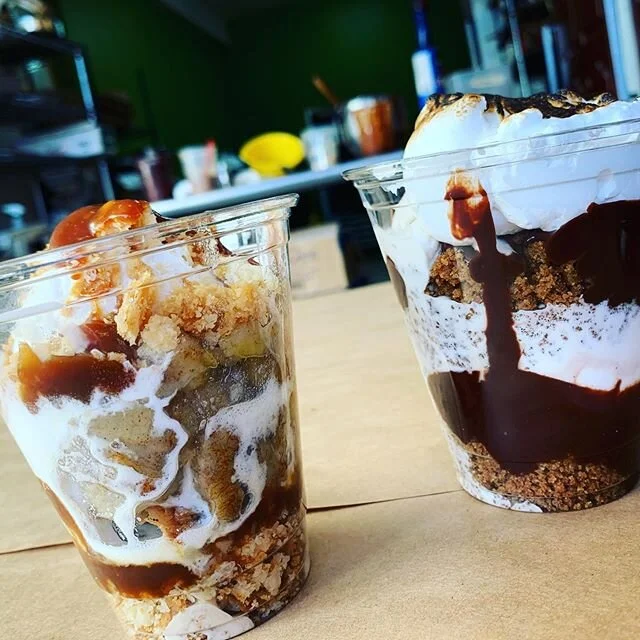 Bananas Foster with pie crust crumble and rum caramel. And the classic, s&rsquo;mores pie turned pie-fait. They&rsquo;re best friends. But they&rsquo;re calling it a night.  This was fun....let&rsquo;s do it a gain sometime.