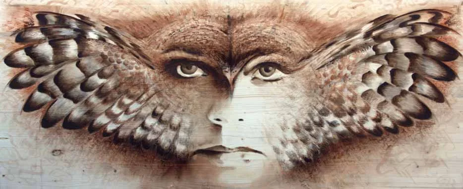 Wisdom Sings 2014 Acrylic on Wood Painted live at Art Outside 2014 in Rockdale, Texas. *Model Sabrina Wellendorf*