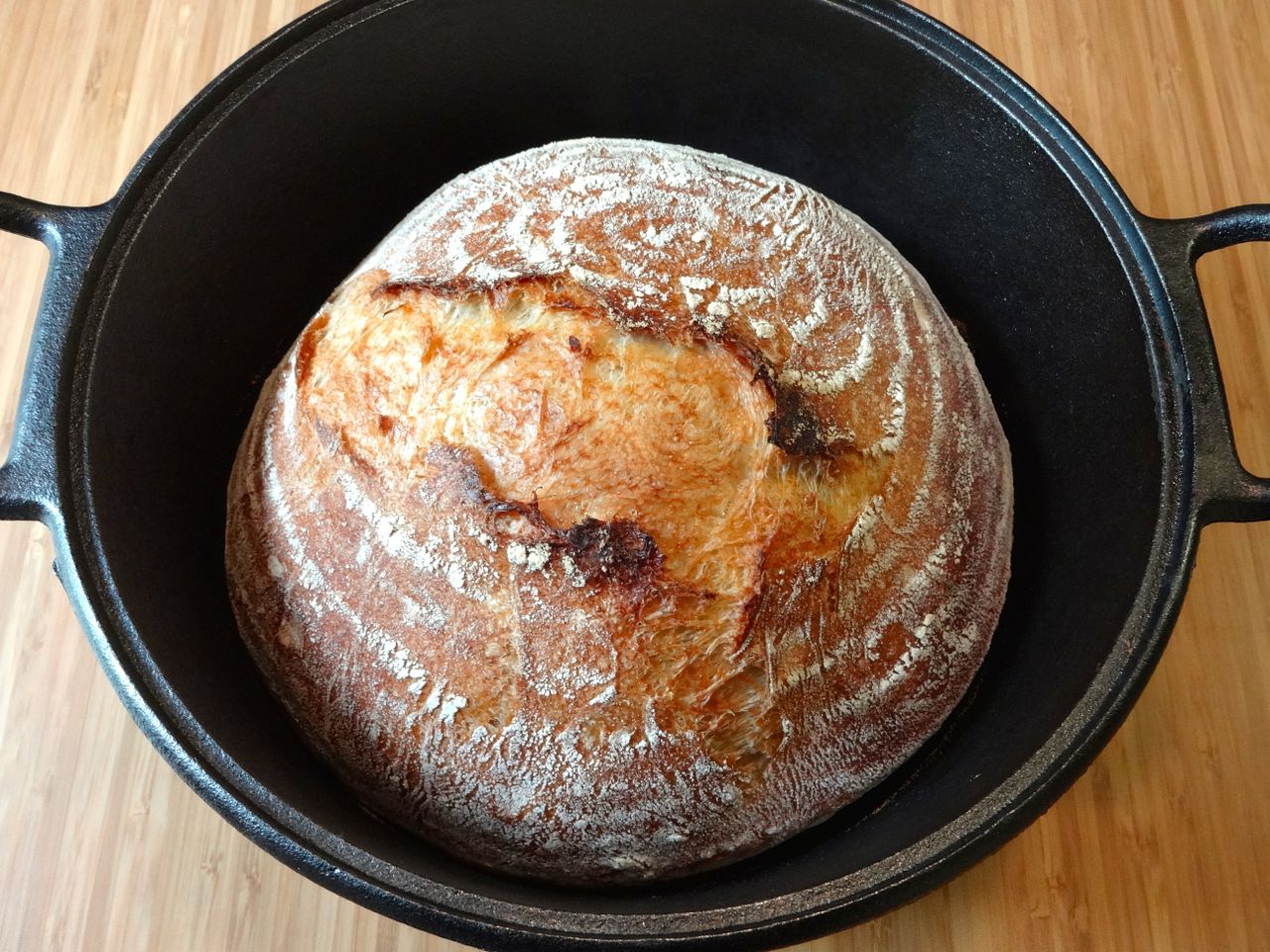 7. preheat cast iron dutch oven in 475F oven (use oven thermometer) bake the bread covered 30 min, then remove lid and bake 15 min longer cool completely on rack before eating