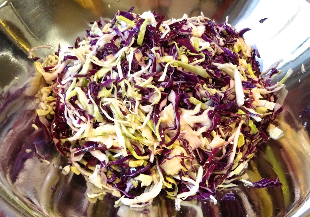 mix the cabbage and salt, let sit at least 1 hour for the juices to release