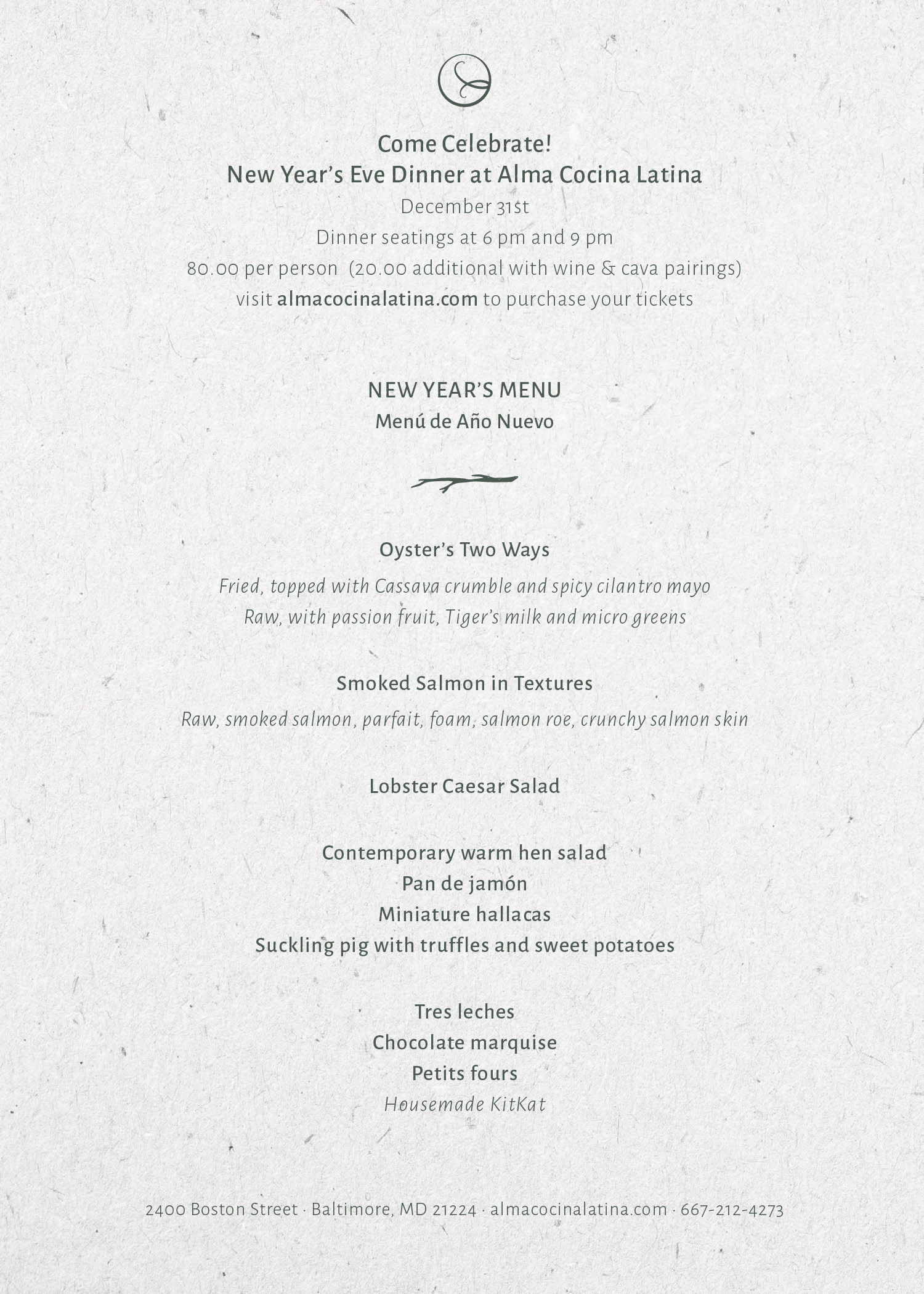 New Year S Eve Dinner Dinner Seating 1 6pm Alma