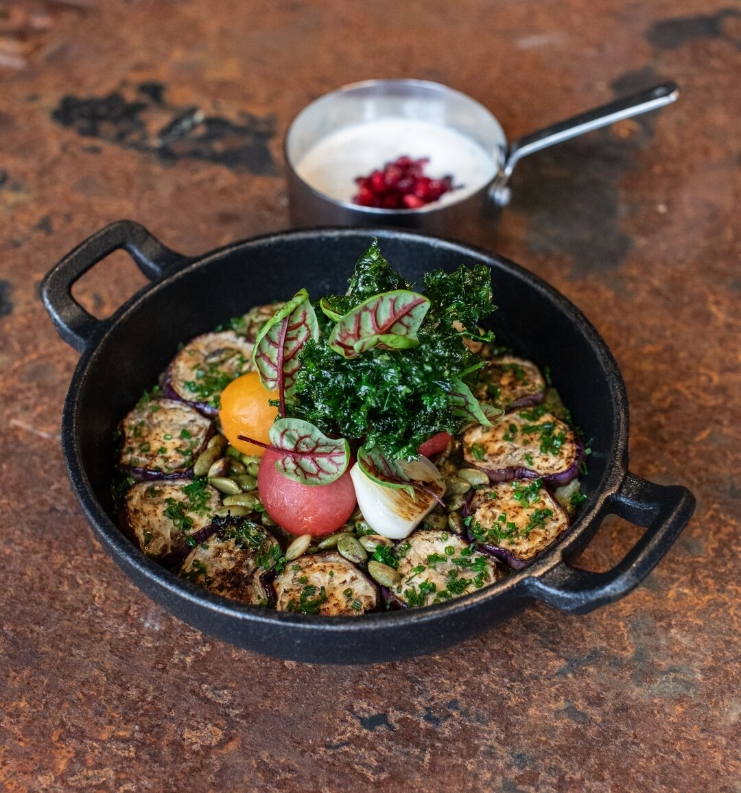 EGGPLANT TARKAR&Iacute; (V)
eggplant fricass&eacute;e, Trinidadian curry, aj&iacute; dulce, Indian eggplant tempura, kale, goat yogurt garam masala-pomegranate emulsion, basmati rice
.
.
.
. 
#almacocinalatina #stationnorthbaltimore #baltimorerestaur