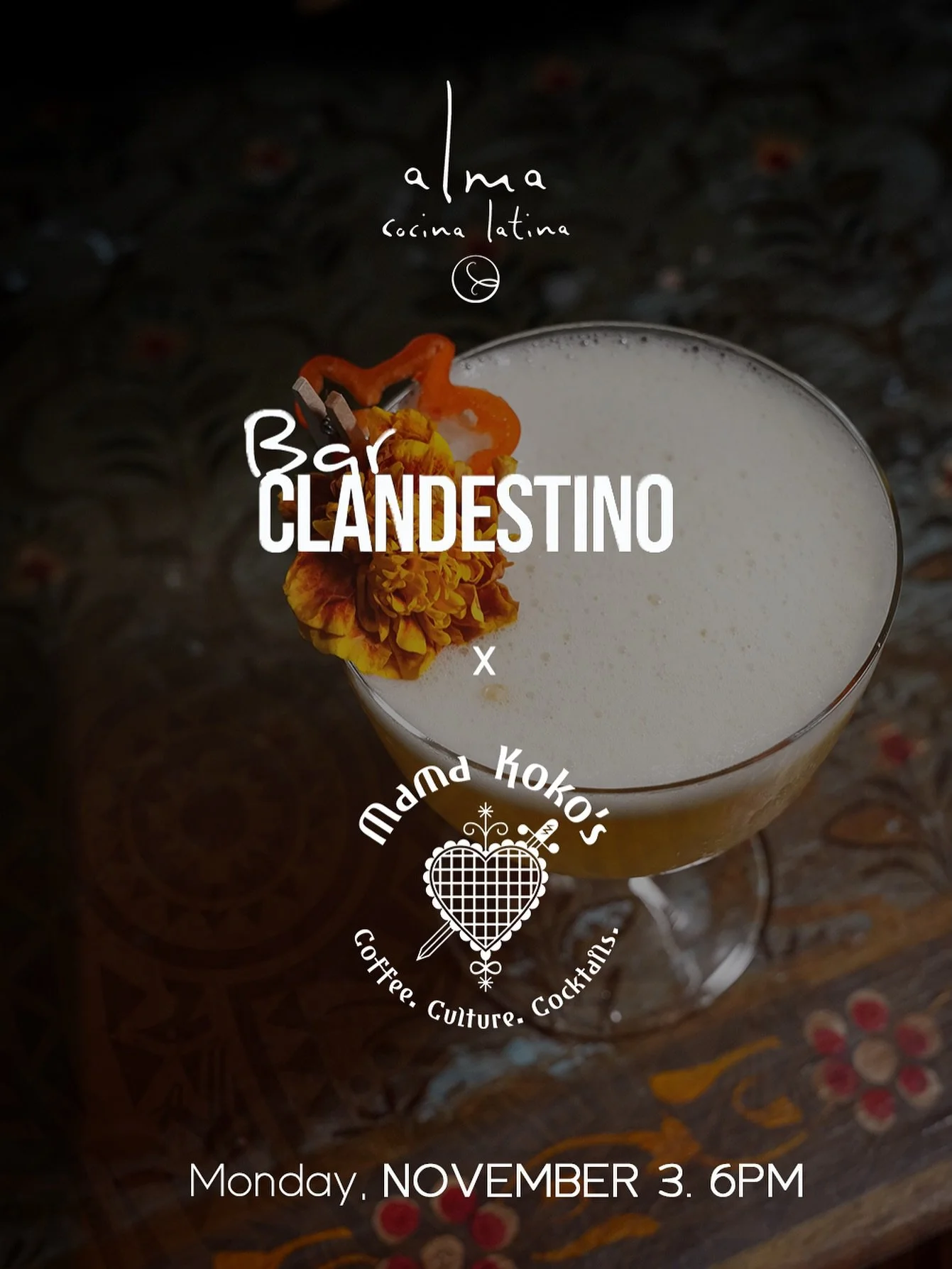 When two spirits meet, magic pours. ✨

This Monday, November 3, the bar at Alma Cocina Latina transforms into a stage of creativity and collaboration.

Our mixologists join forces with Mama Koko&rsquo;s bar team to craft unique cocktails that blend s