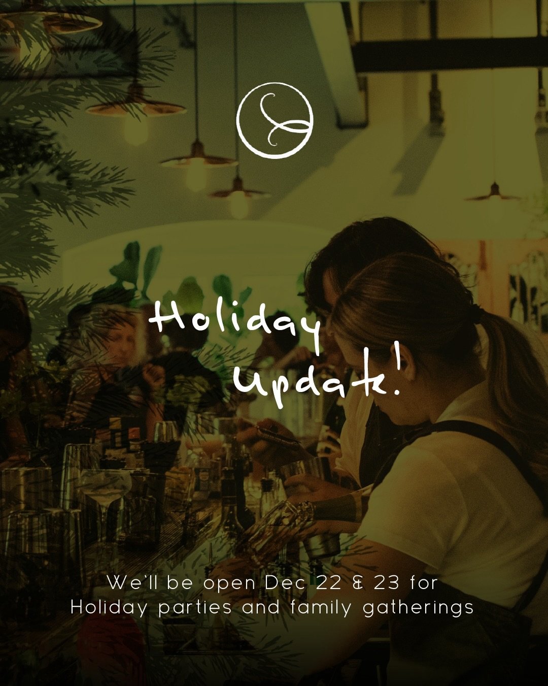 Holiday Update at Alma Cocina Latina 

This holiday season, we want you to celebrate at your own pace.
 We&rsquo;ll be open on December 22 &amp; 23, perfect for gathering around the table before spending quality time with family.

December 24 &amp; 2