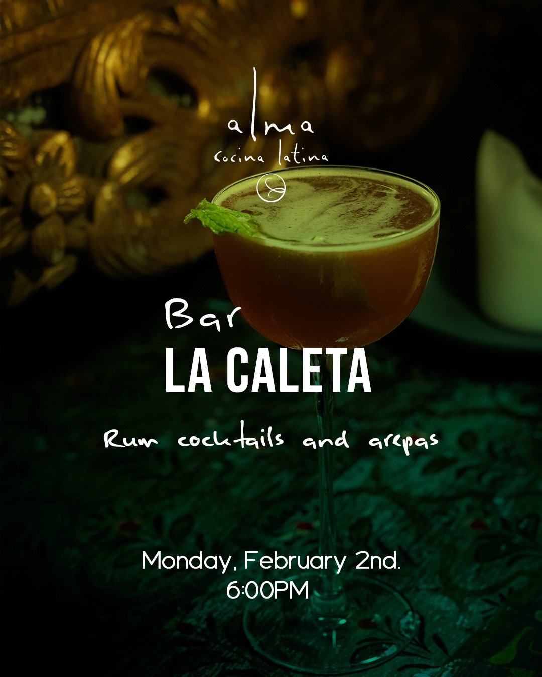 Monday nights taste better at Bar La Caleta.
 Discover the richness of rum cocktails and the comfort of freshly made arepas in a relaxed, vibrant setting.

A perfect way to start the week slowly, deliciously, together.

February 2nd | 6:00 PM Alma Co