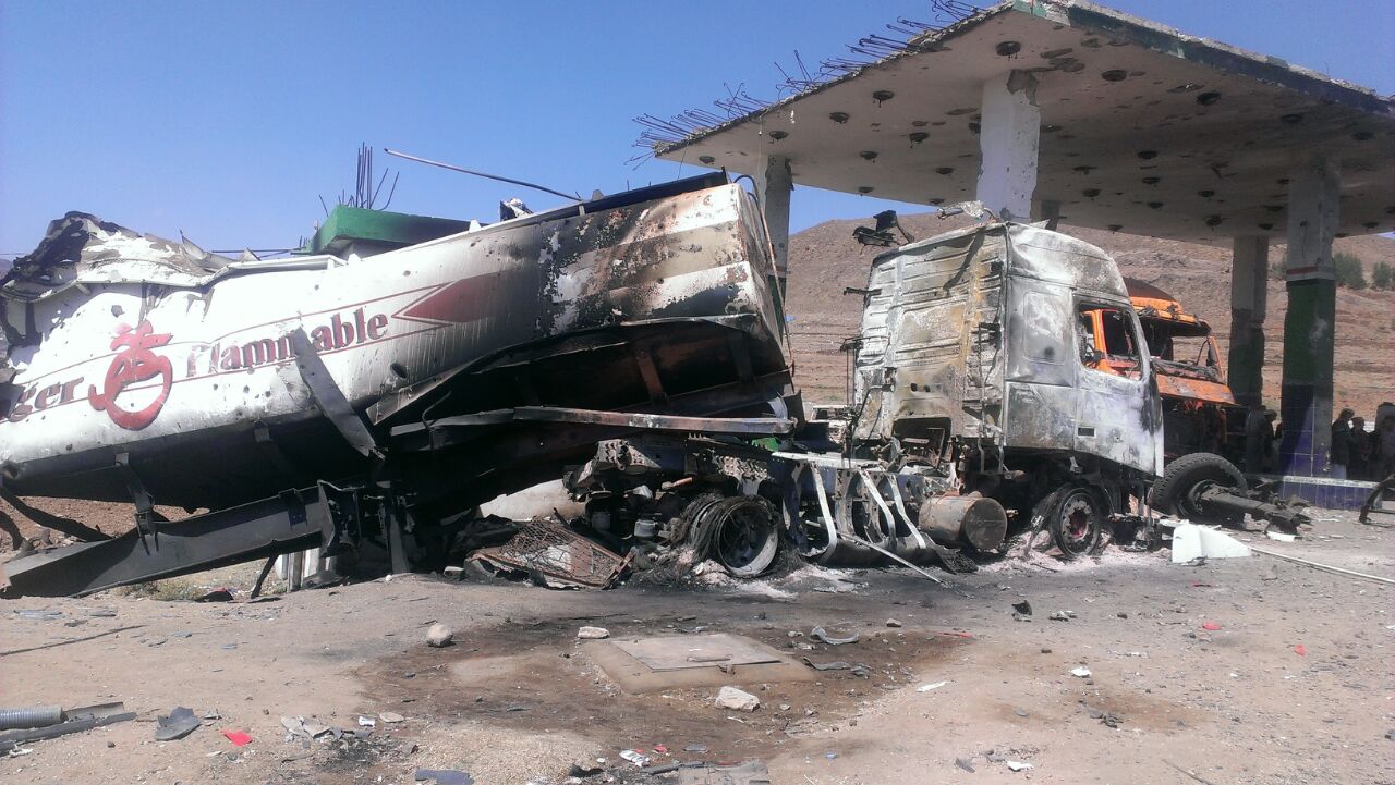 An air strike turned this petrol tanker into a burnt-out shell